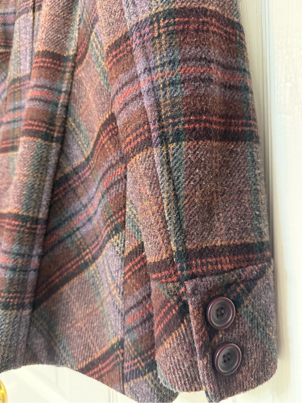 Moda International Wool Plaid Double-Breasted Peacoat in Plum/Brown - Picture 5 of 9